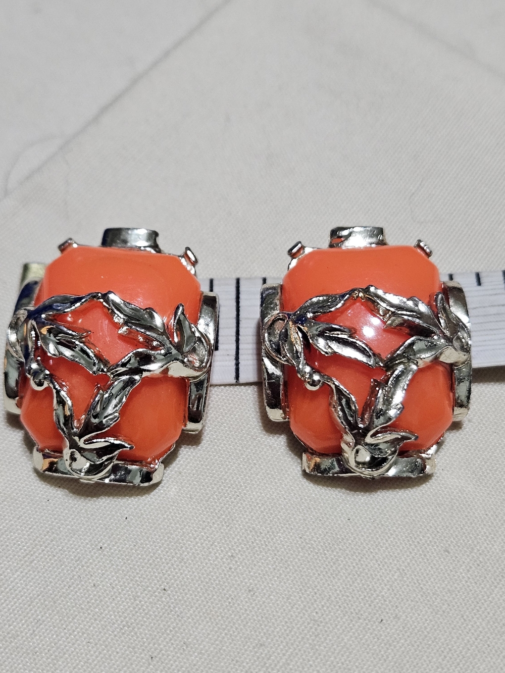 Orange Lucite with Silver Leaf Accents Clip-on Earrings